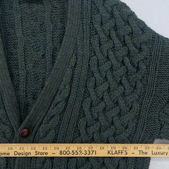 COTTAGE KNITWEAR Sweater Mens L Wool Aran Cable Button Up Cardigan Green - Picture 10 of 14